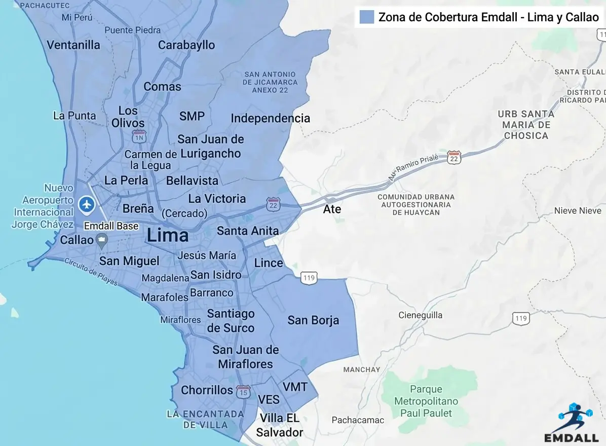Mapa de cobertura del servicio técnico Emdall en Lima y Callao